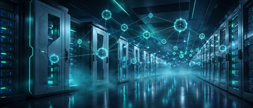 Futuristic web hosting data center with glowing server racks in deep blue and teal