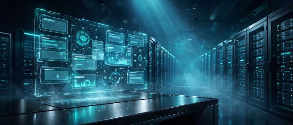 Premium 3D render of a futuristic data center with a glowing holographic hosting management dashboard