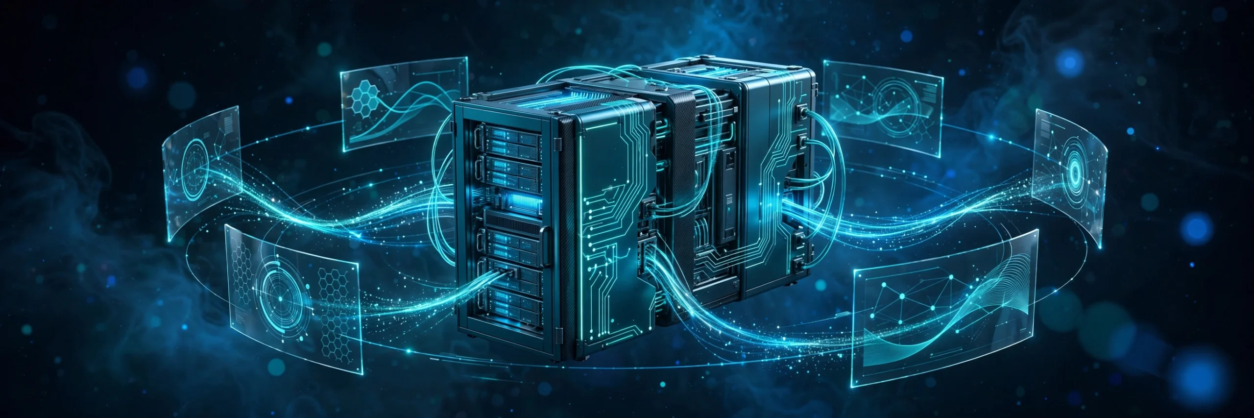 Futuristic web hosting command center with glowing server and holographic dashboards