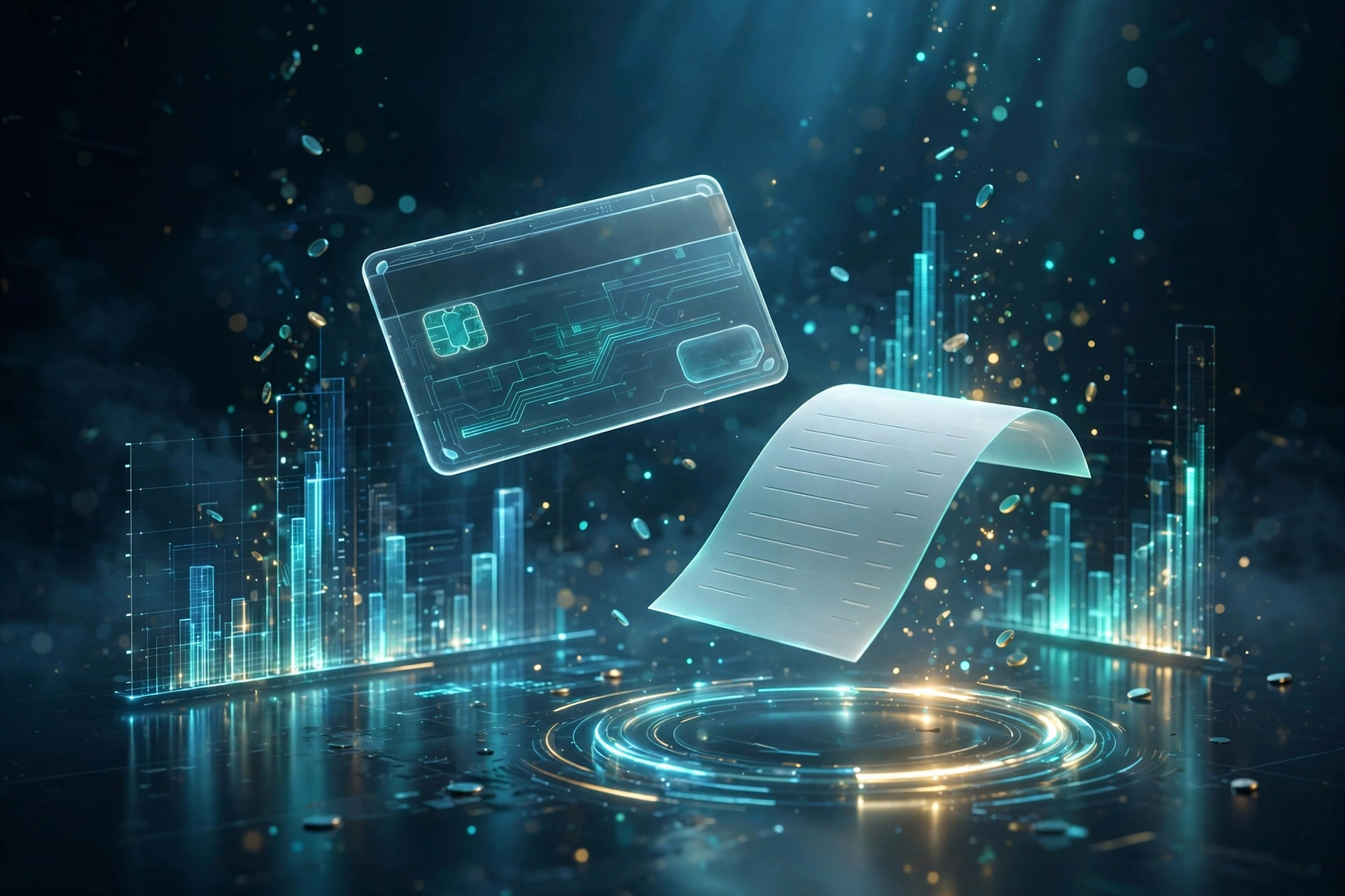 3D render of automated hosting billing: credit card, invoice and financial charts