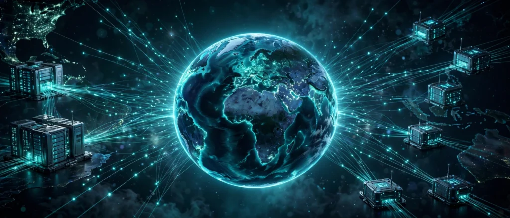 Photorealistic 3D render of Earth wrapped in a glowing blue-and-teal global DNS network