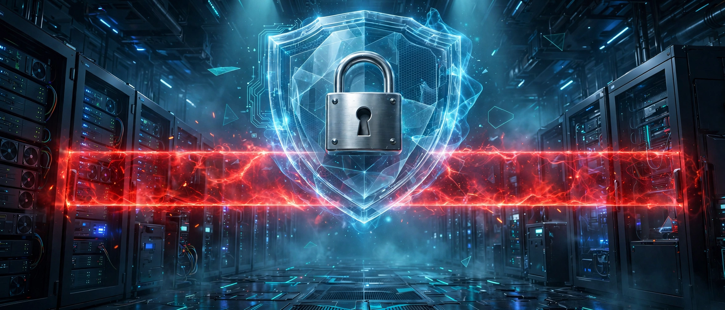 Premium 3D render of a glowing firewall shield with a padlock blocking a red access barrier in a deep blue and teal server room