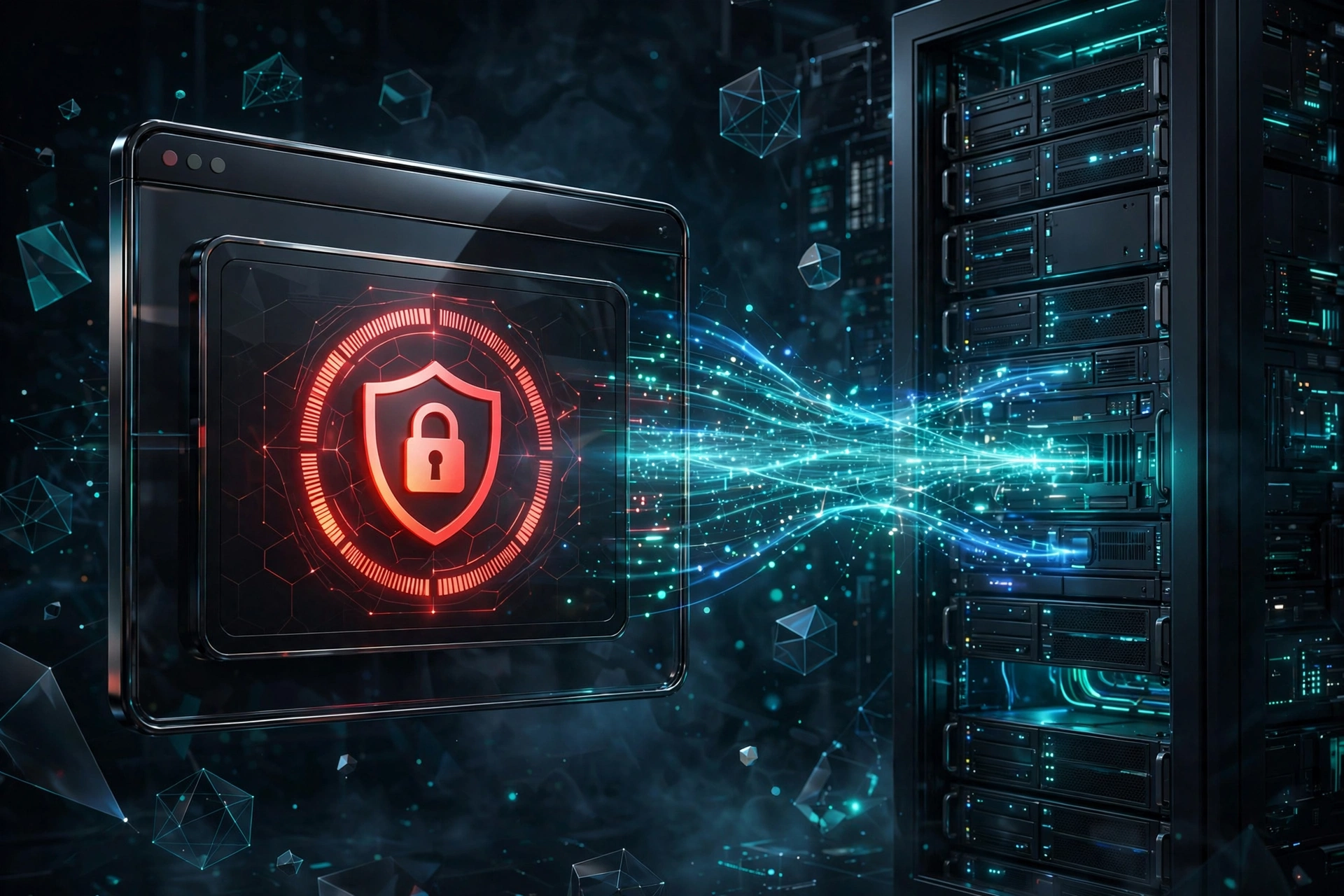 High-end 3D render of a web browser showing an access denied panel connected to glowing blue and teal server racks