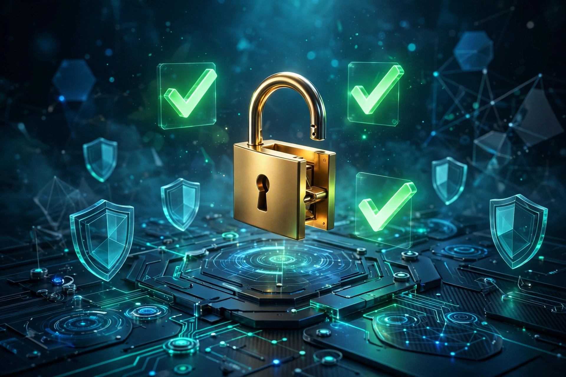 Sleek 3D render of a website security dashboard with glowing checkmarks and an unlocked padlock in deep blue and teal