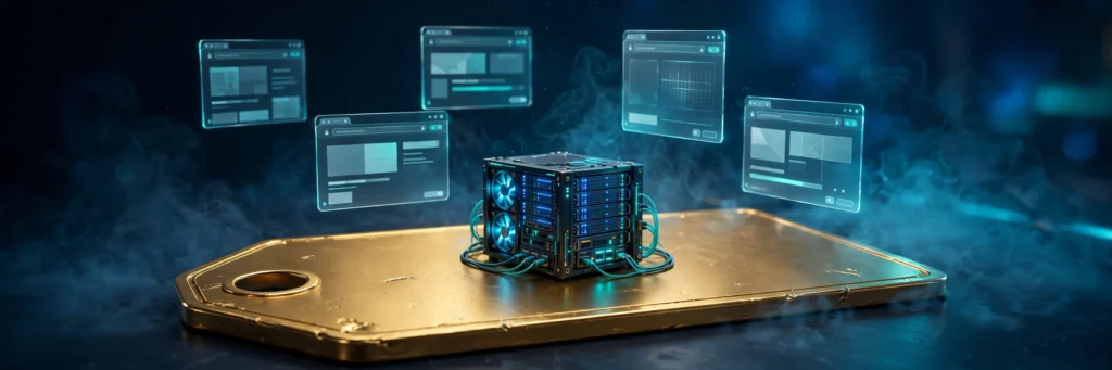 Miniature server rack on a giant golden price tag with floating website windows — free web hosting concept