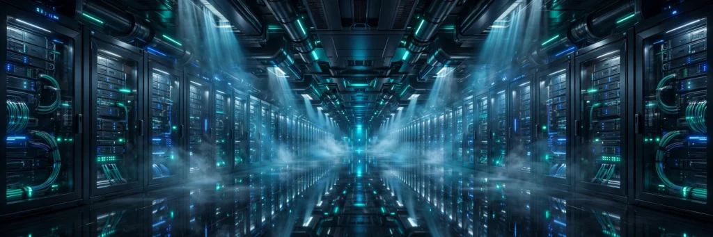 Futuristic server room corridor with glowing blue server racks representing reliable web hosting infrastructure