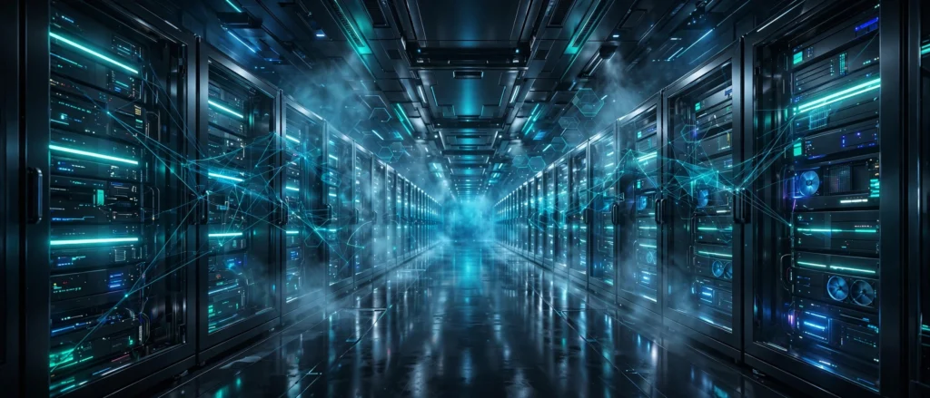 Futuristic data center corridor illustrating how to start a web hosting business