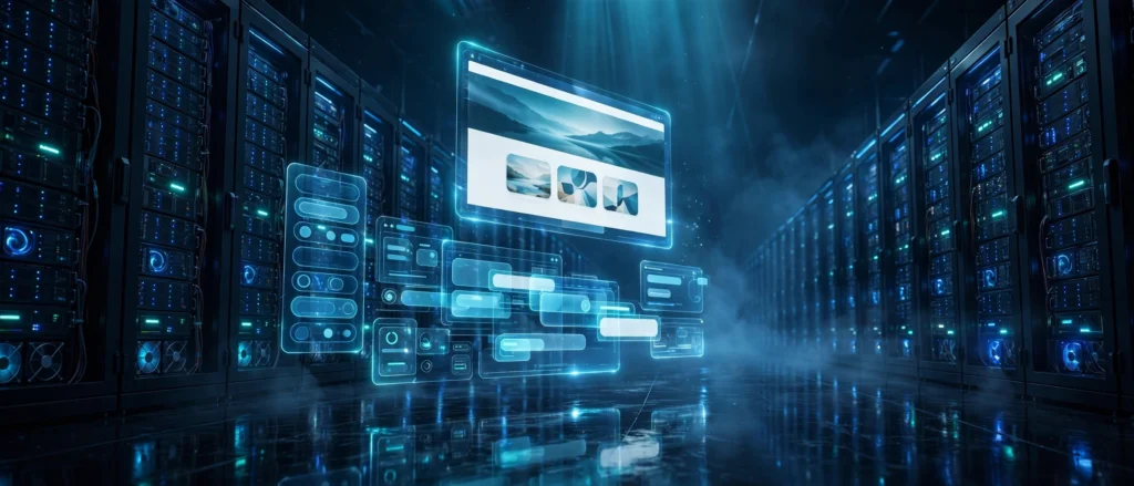 Wide banner of a glowing website builder interface floating in a dark blue server room with illuminated server racks