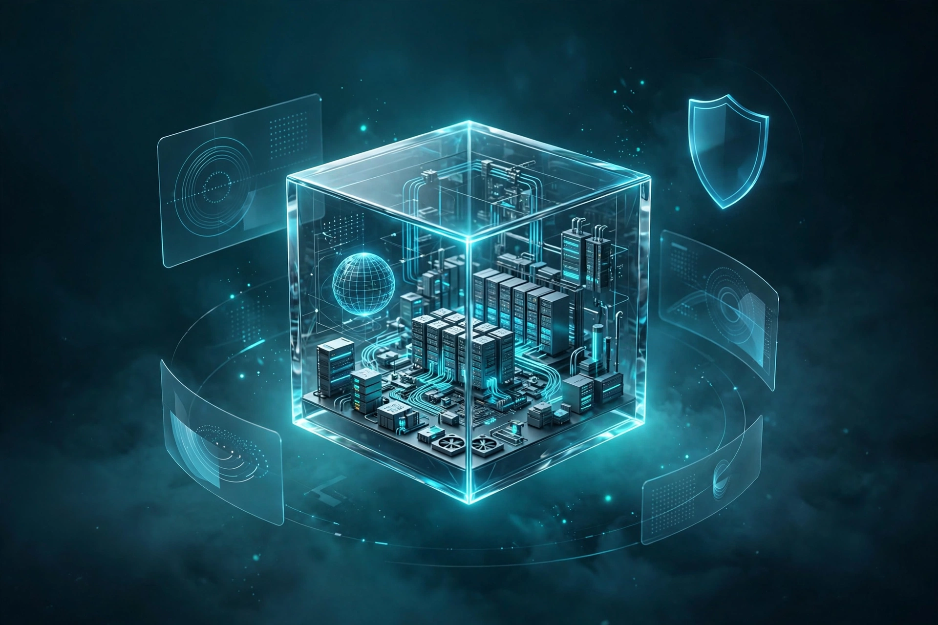 Glass cube containing miniature servers and a shield, representing Squarespace's all-in-one website builder with built-in hosting and security