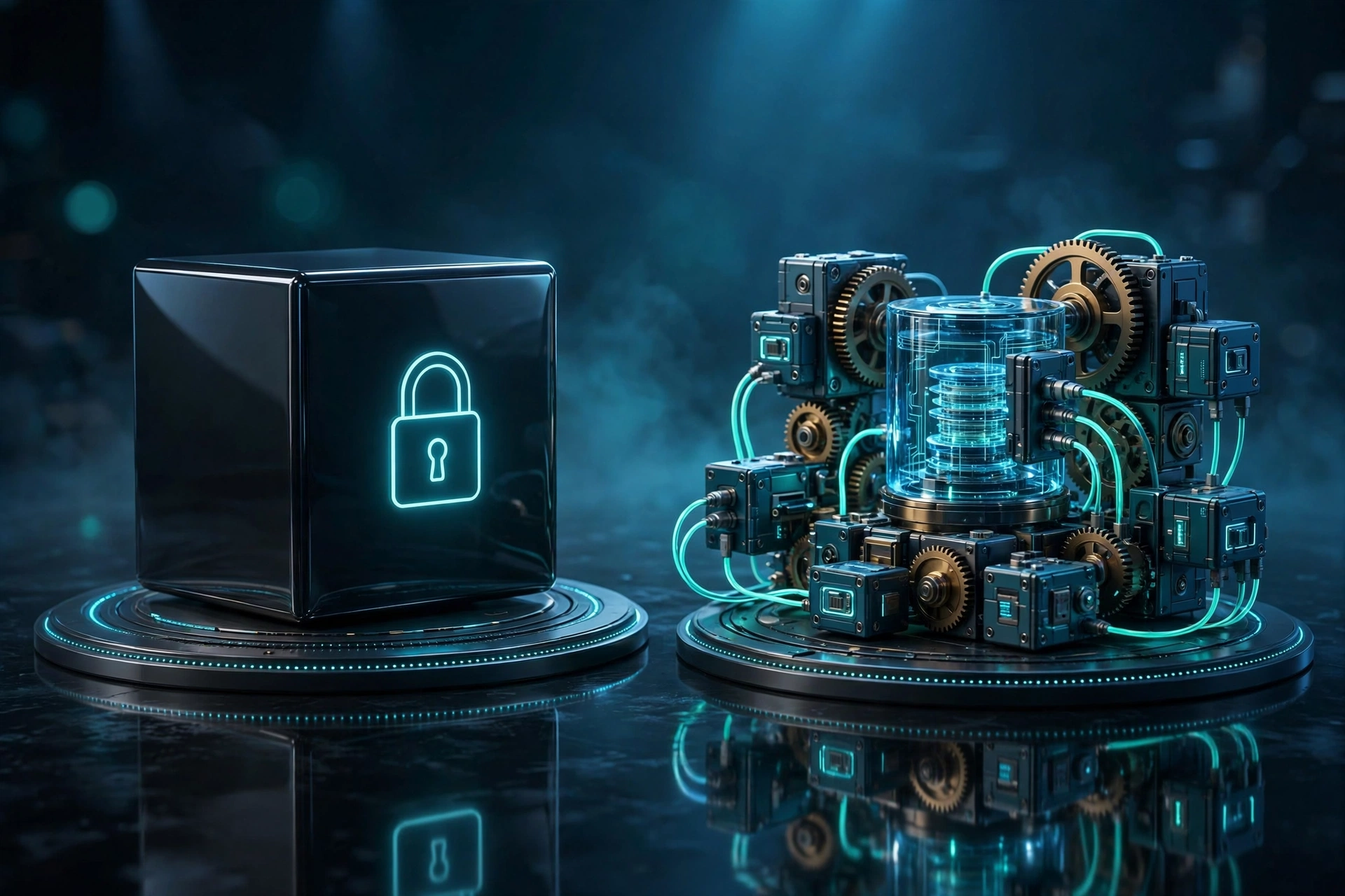 Closed black cube with a glowing lock beside an open modular machine with gears and cables, comparing closed all-in-one platforms to open customizable web hosting