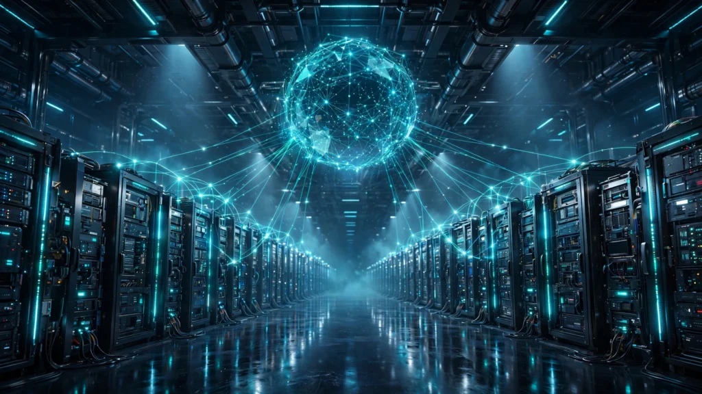 Futuristic data center with glowing server racks and a luminous network globe — start a hosting business guide