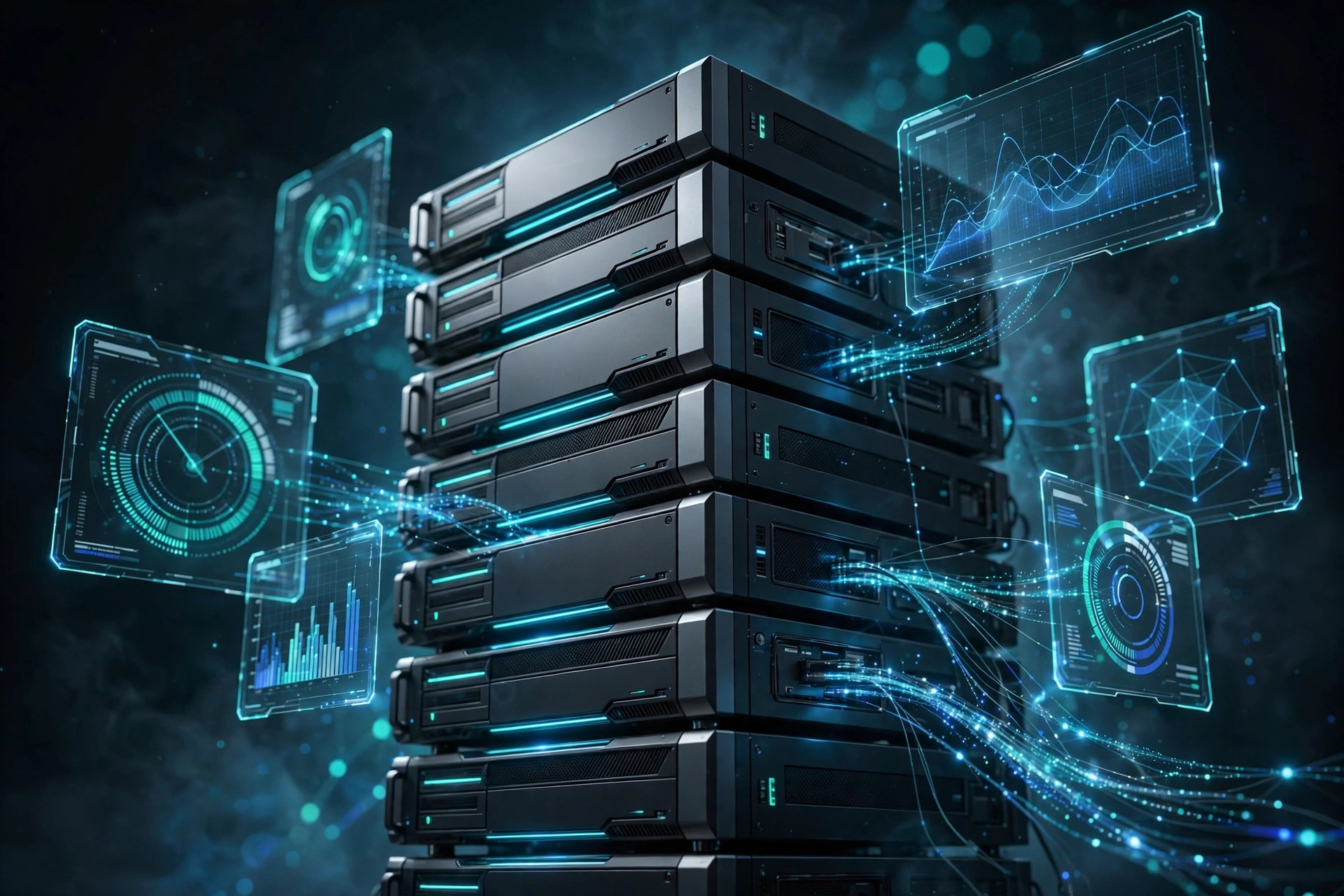 3D render of glowing server infrastructure with holographic control panels representing a new web hosting business