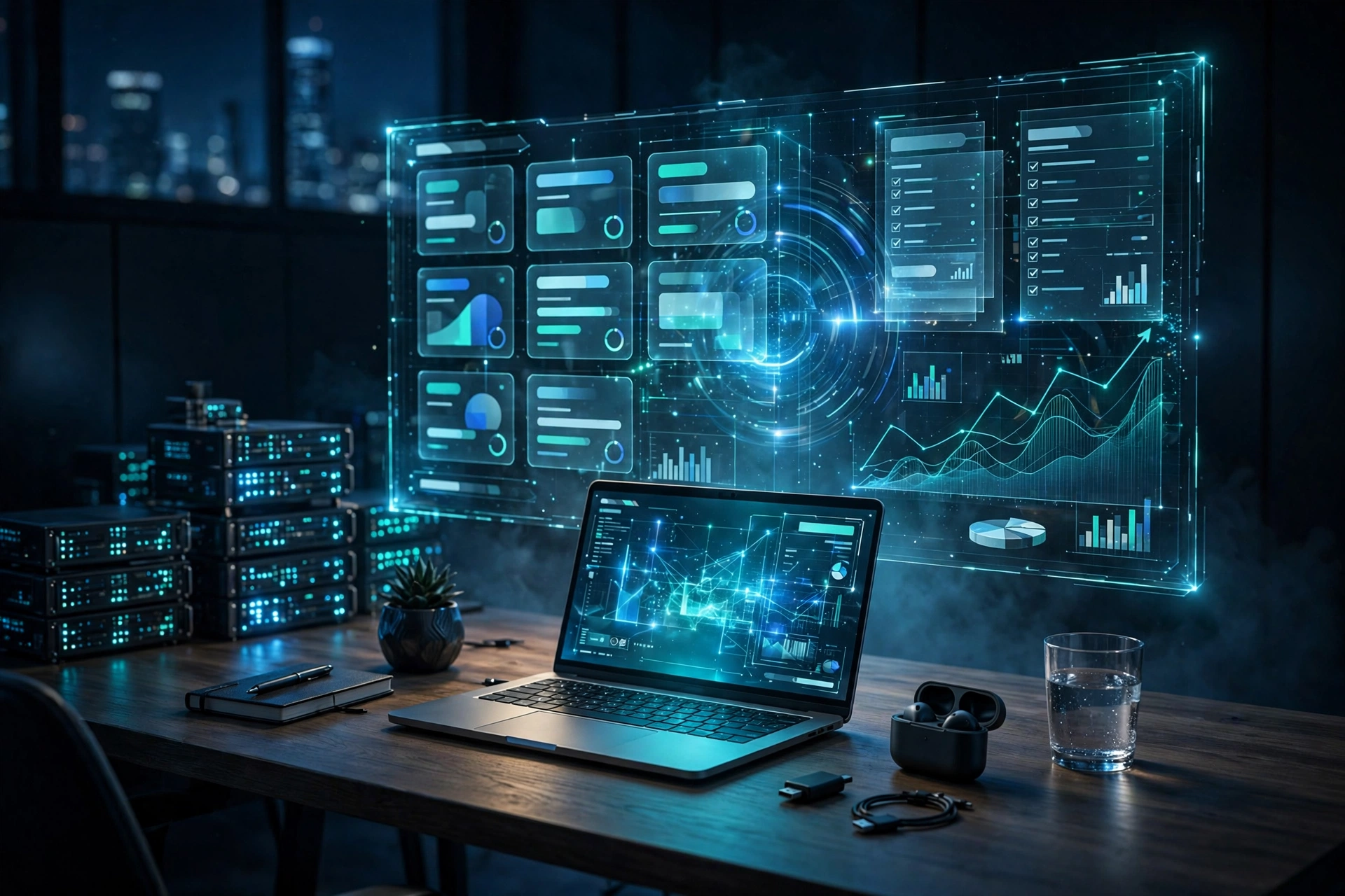 3D render of a holographic billing automation dashboard above a laptop for a web hosting startup