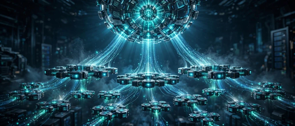 Tiered master reseller hosting network visualized as a glowing 3D server hub branching into sub-server clusters