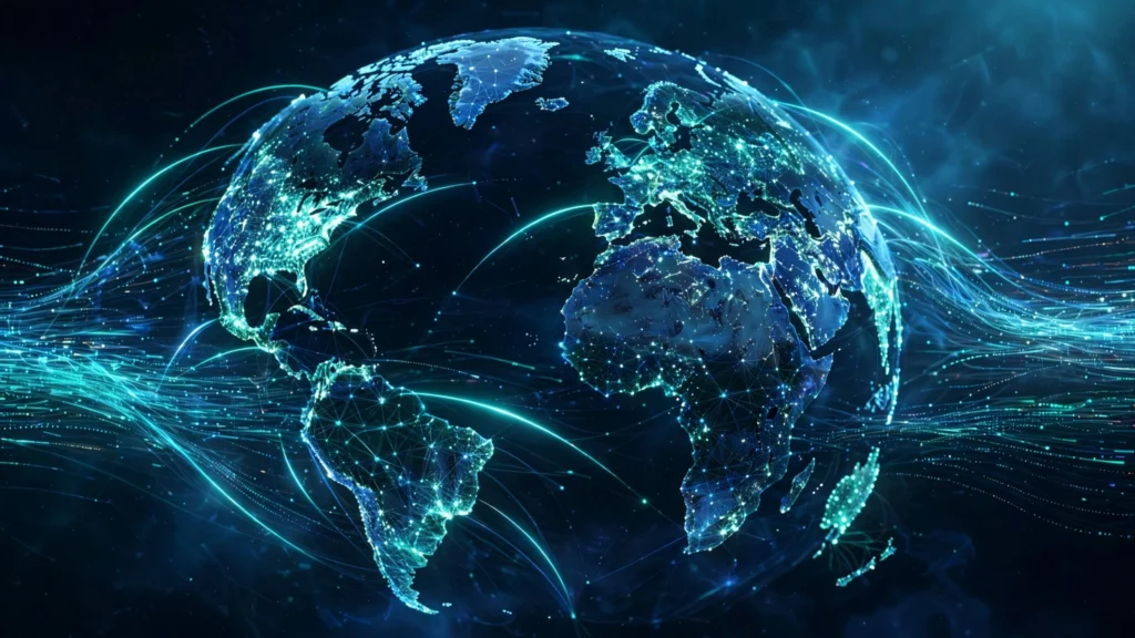 Glowing 3D globe of Earth formed by connected network nodes, representing the world's most visited websites