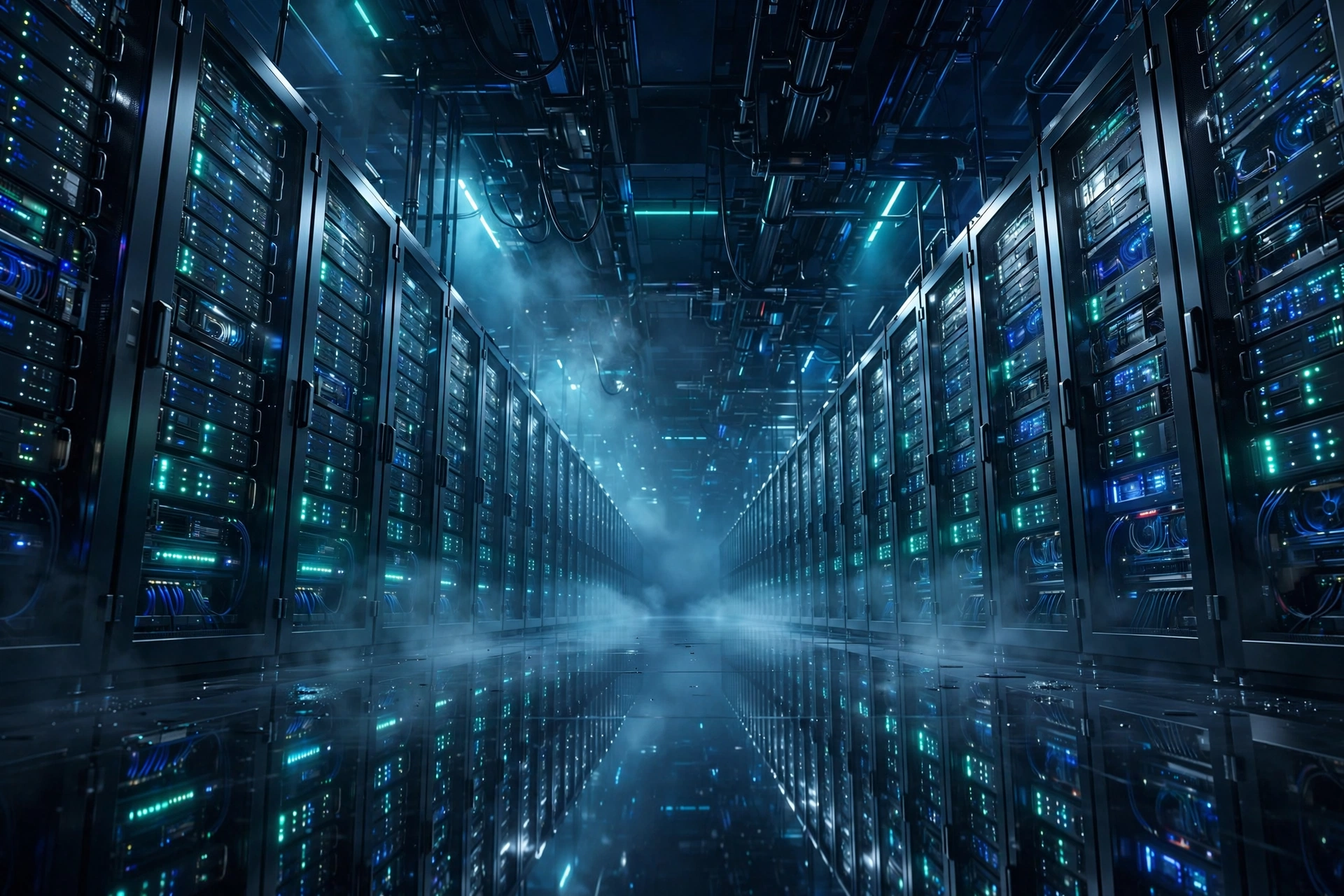 Futuristic hyperscale data center corridor with glowing blue and teal server racks