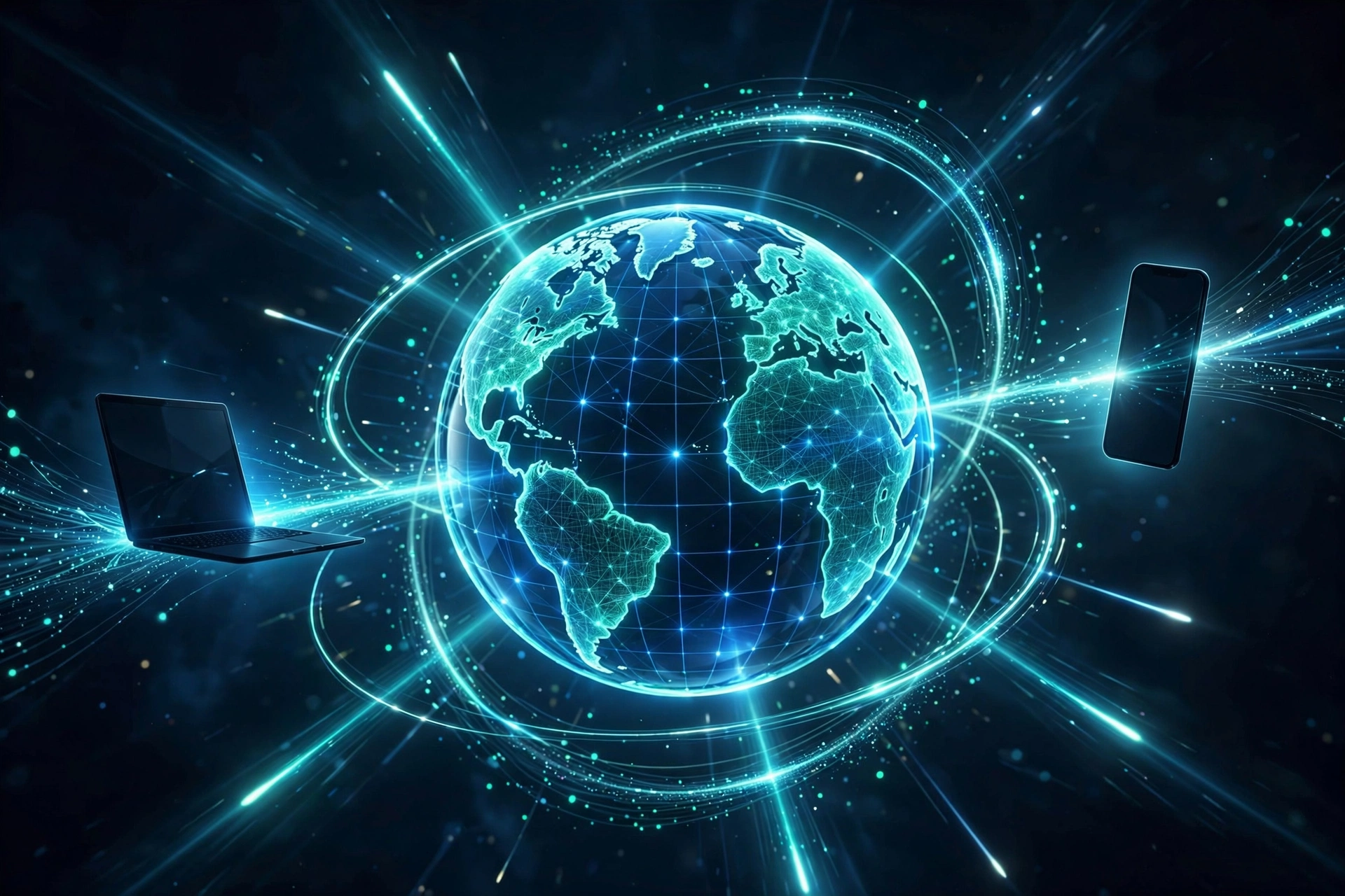 Glowing globe with orbiting light beams connecting to laptop and smartphone devices, representing a global content delivery network