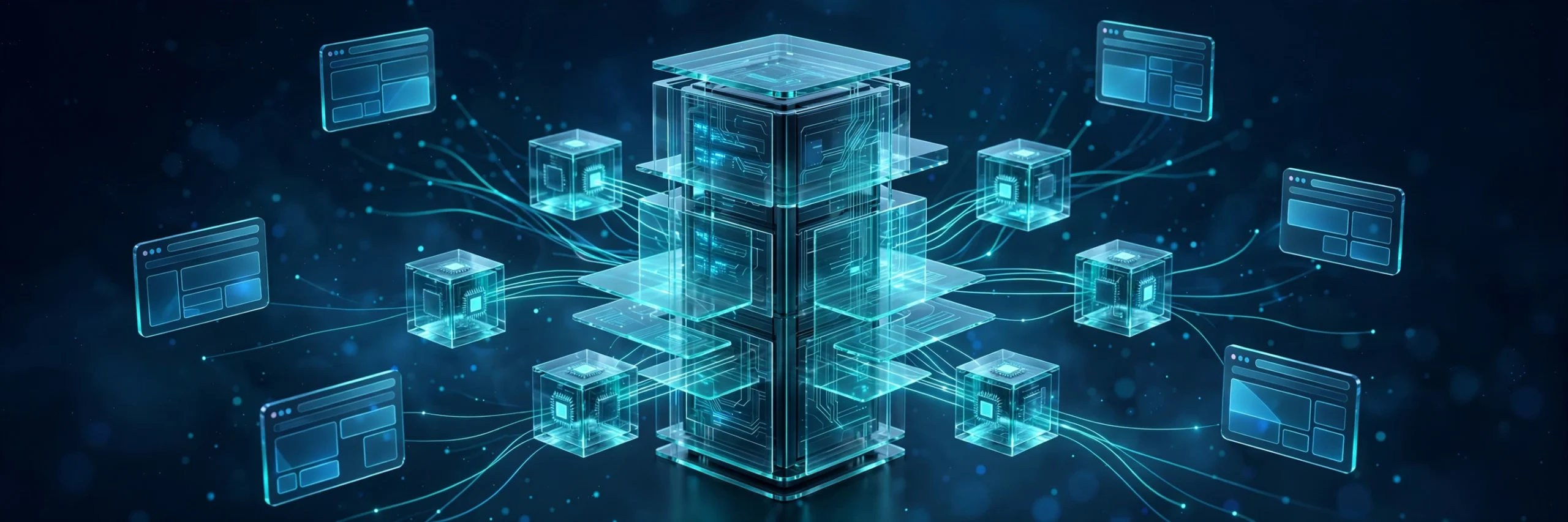3D render of a glowing server tower splitting into smaller hosting packages connected to client websites