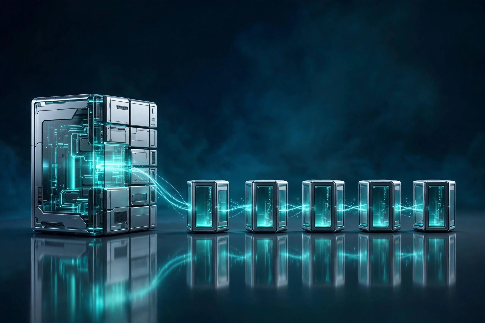 3D render showing one large server block dividing into multiple smaller client hosting accounts