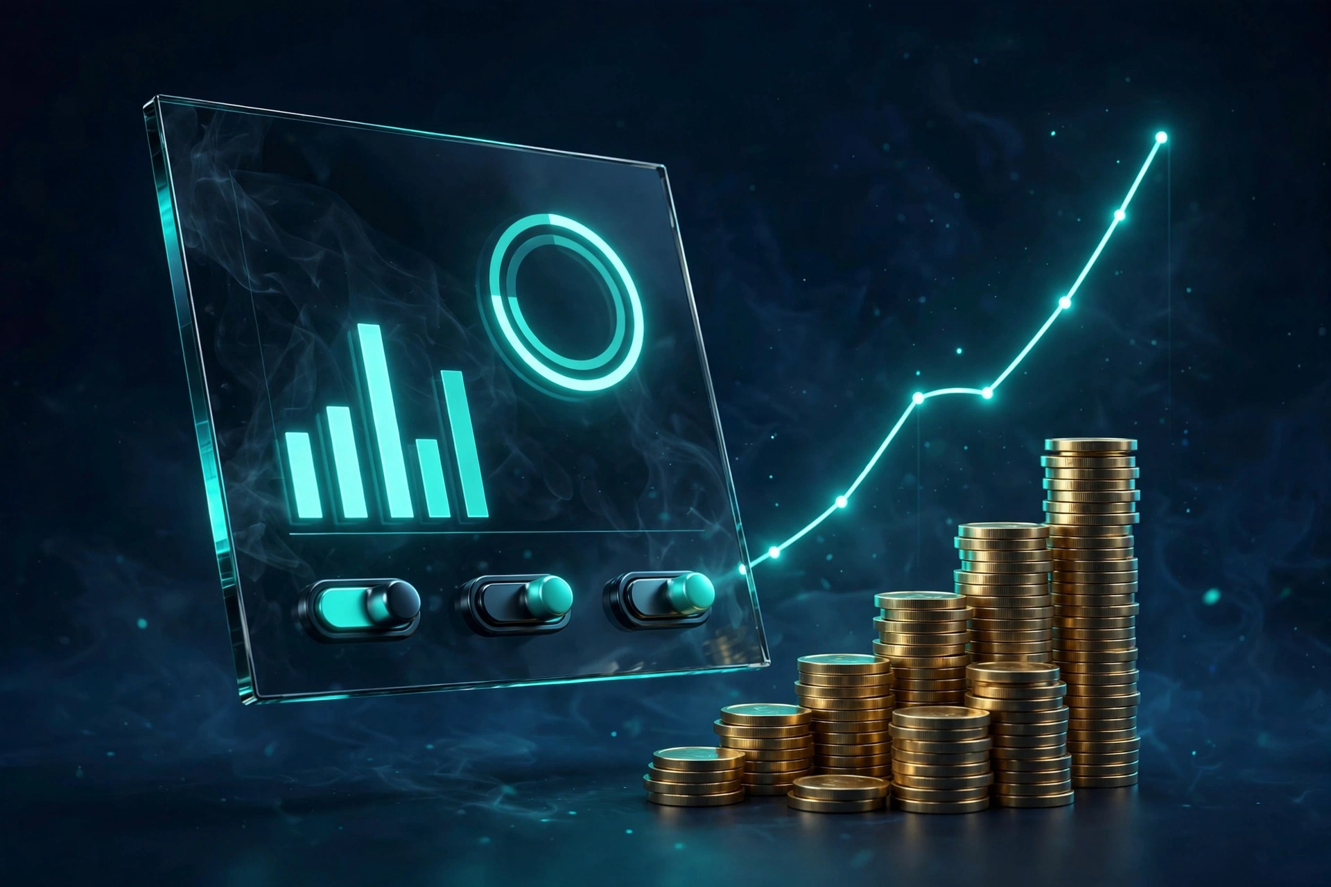 3D render of a glowing analytics dashboard with rising charts and coin stacks representing reseller hosting revenue growth
