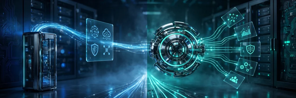 Split 3D illustration of one server powering a single website versus a control hub branching into multiple client websites, in deep blue and teal