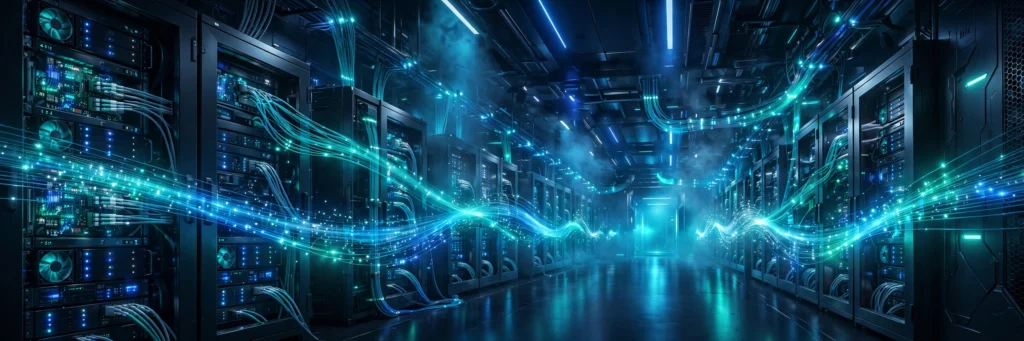 Futuristic data center corridor with glowing server racks and streams of light representing fast data flow, in deep blue and teal