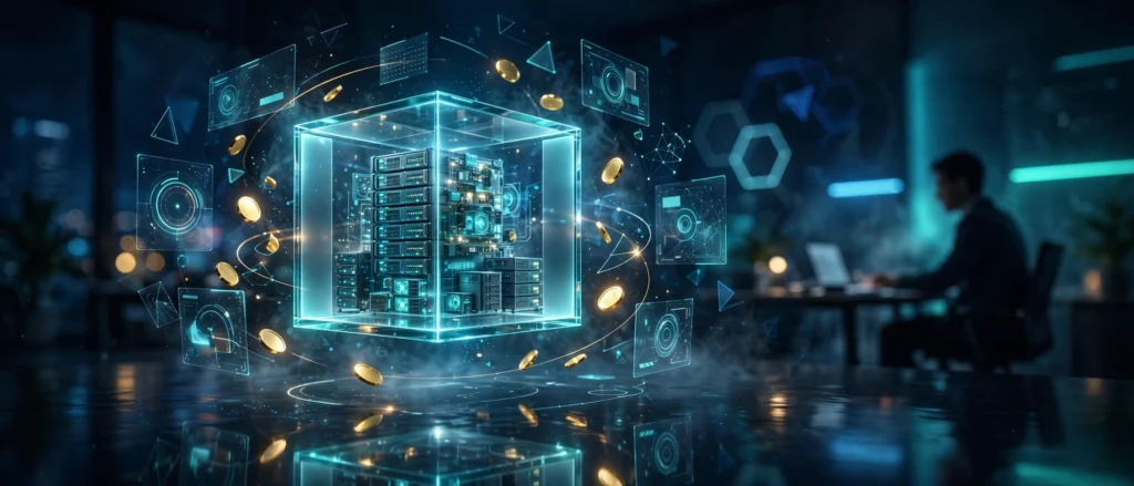 Wide cinematic 3D render of a glass cube containing glowing server racks with orbiting coins and pricing cards, representing a reseller hosting business
