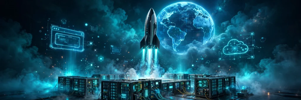 Wide 3D rendered banner of a rocket launching from glowing server racks toward a luminous blue Earth, symbolizing launching a reseller hosting business