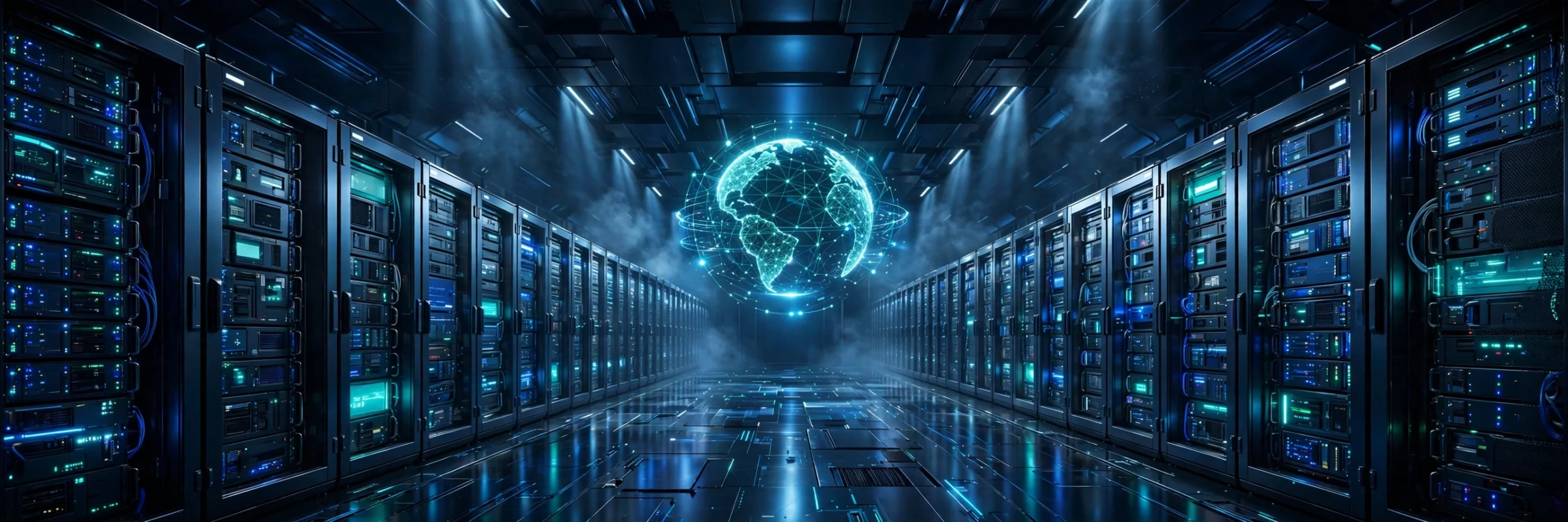 Futuristic data center corridor with glowing teal server racks and a network globe, symbolizing starting a web hosting business