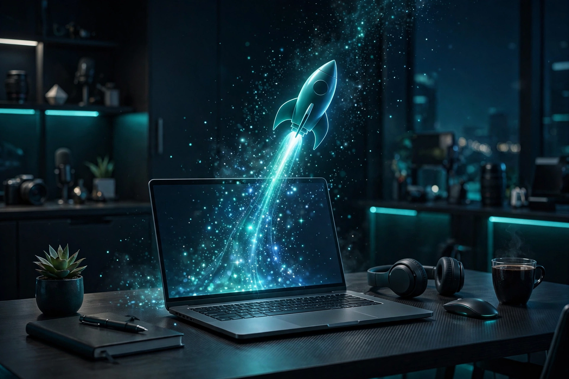 Entrepreneur launching a web hosting business as a glowing rocket rises from a laptop in a dark blue tech setting
