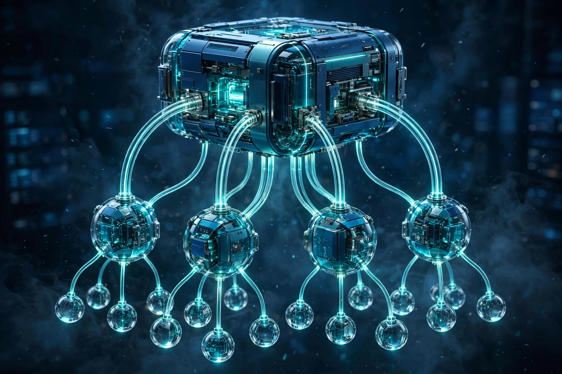 Glowing hierarchical server network in deep blue and teal illustrating reseller and master reseller hosting structure