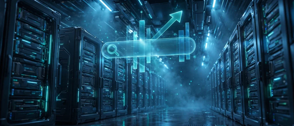 Futuristic data center server corridor with glowing search bar, rising ranking arrow, and analytics bars — web hosting and SEO concept
