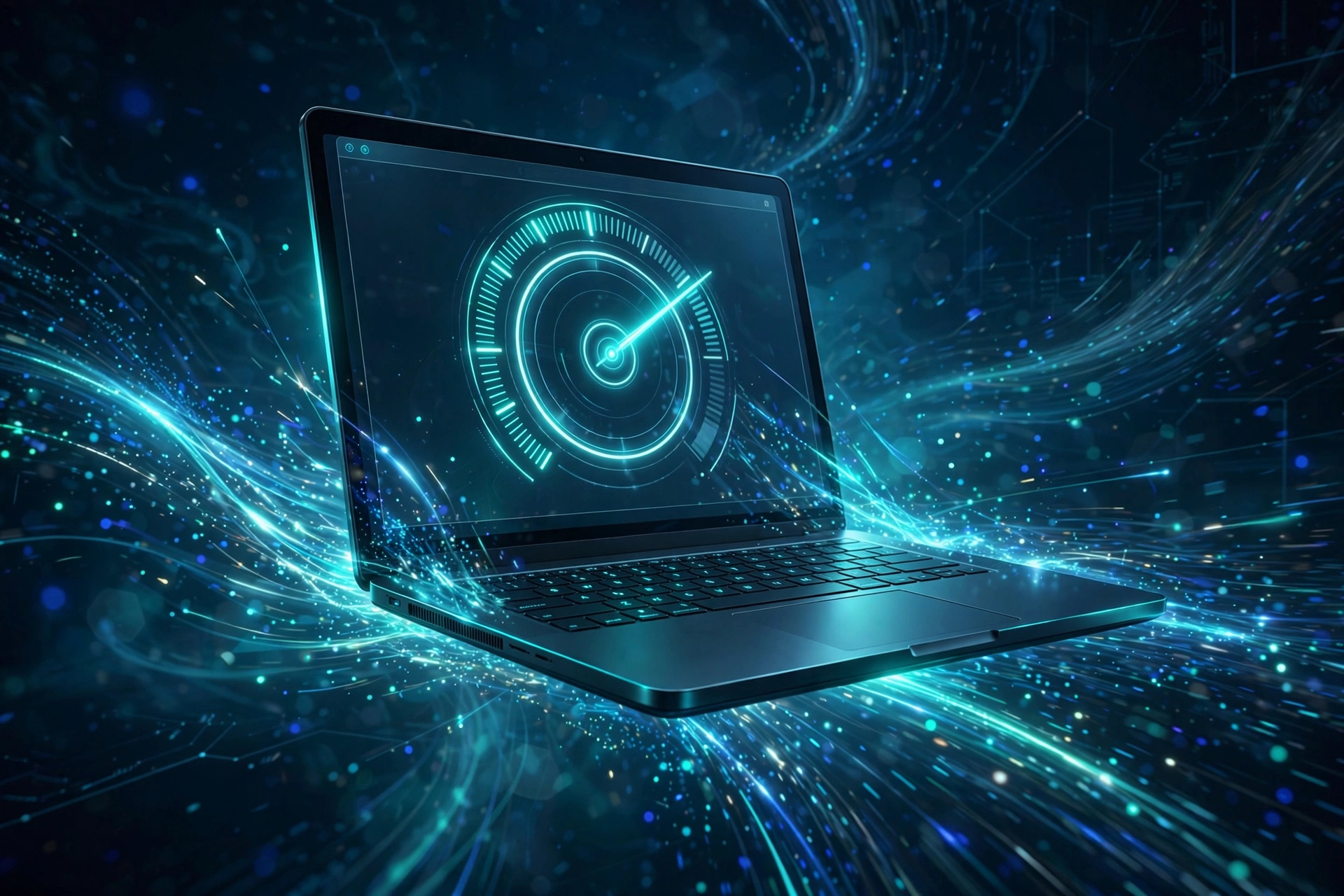 Laptop displaying a speedometer gauge with glowing data streams, representing how fast web hosting improves SEO page speed