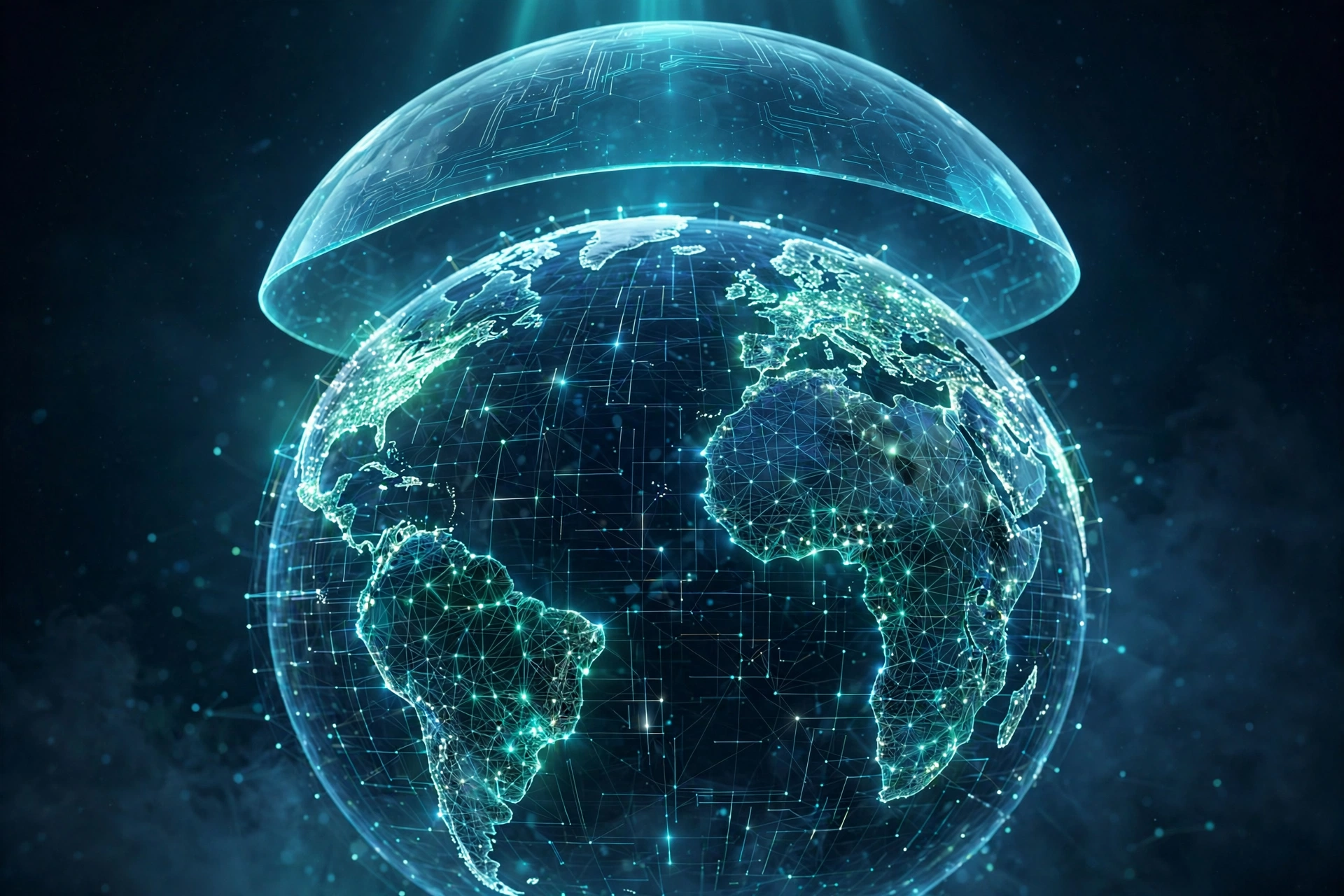 Digital globe with network nodes and a protective shield, illustrating server locations, CDN coverage, and hosting security for SEO