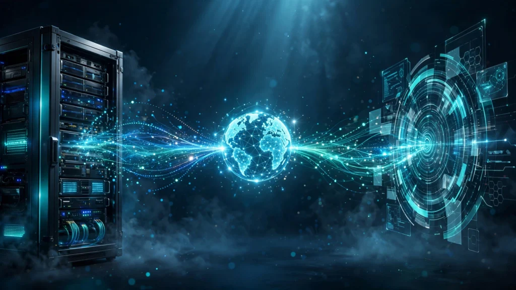 Web hosting vs website builder comparison: server rack facing a glowing website hologram